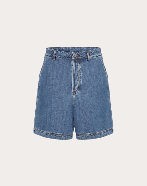 Valentino - Denim Bermuda Shorts With Metallic V Detail - Denim - Man - Denim