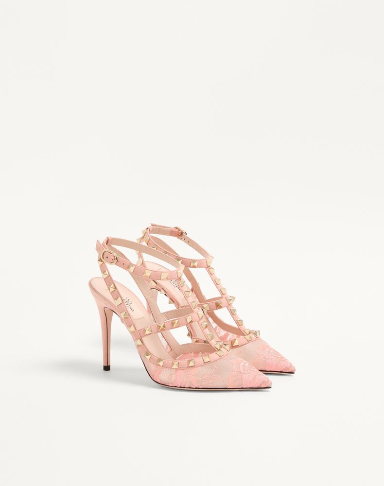 Valentino Garavani Rockstud Lace Pump With Straps 100Mm Woman Peach Rose 35.5