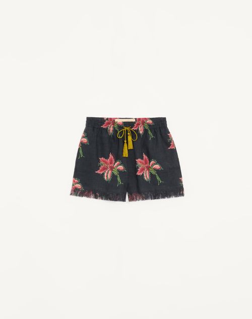 Valentino - Shorts De Lino Papier Floral - Negro/varios Colores - Mujer - Pantalones Largos Y Cortos