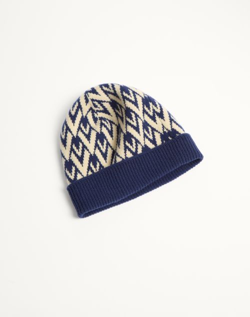 Valentino Garavani - Beanie Knitted Toute La V Signature In Lana - Avorio/navy - Uomo - Soft Accessories - M Accessories