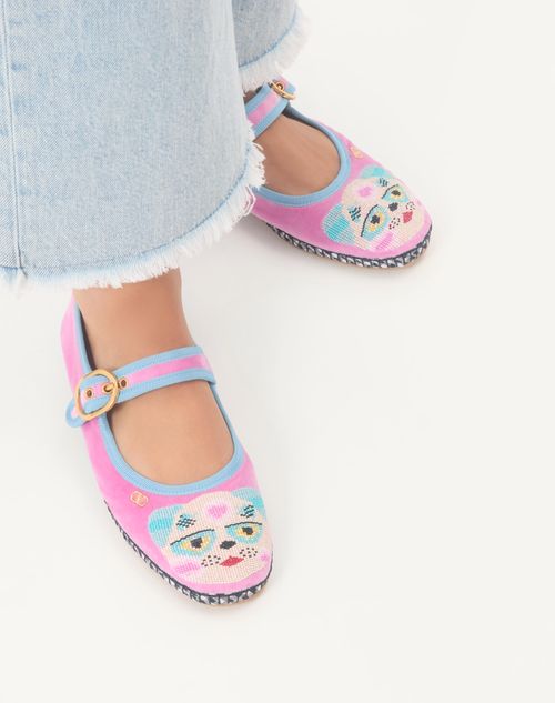 Valentino Garavani - Mary-jane Endouce Velvet Ballerina With Le Chat De La Maison Embroidery - Pink/baltic Blue - Woman - Ballerinas