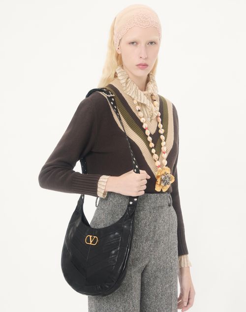 Valentino Garavani - Valentino Garavani Hoboho Small Hobo Bag In Chevron-patterned Nappa Leather - Black - Woman - Shoulder Bags