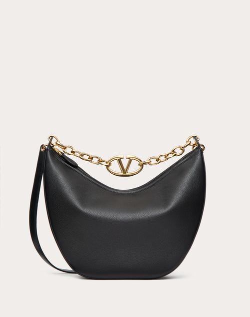 Valentino Garavani - Vlogo Moon Medium Grainy Calfskin Hobo Bag With Chain - Black - Woman - Valentino Garavani Vlogo Moon