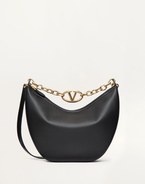 Valentino Garavani - Sac Hobo Moyen Vlogo Moon En Cuir De Veau Grainé Avec Chaîne - Noir - Femme - Valentino Garavani Vlogo Moon