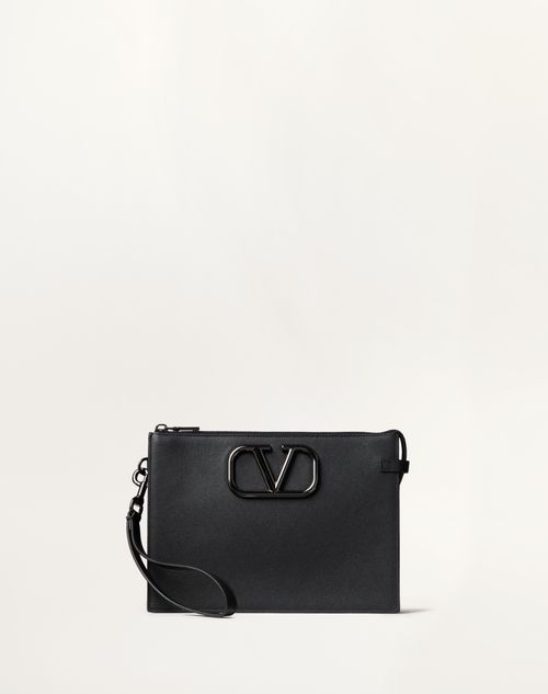 Vlogo Signature Calfskin Pouch for Man in Black | Valentino CA Vlogo Signature Calfskin Pouch for Man in Black | Valentino CA