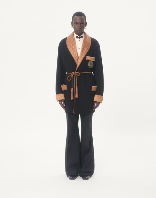 Valentino - Valentino Belted Jacket In Wool And Cashmere Cloth With Embroidered Valentino Patch - Black - Man - Outerwear