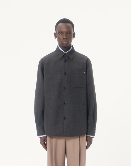 Valentino - Valentino Shirt Jacket In Nylon Gabardine With Vgold - Dark Grey - Man - Outerwear