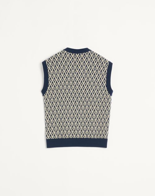 Valentino - Wool Vest With Toute La V Jacquard Pattern - Navy/cream - Man - Knitwear