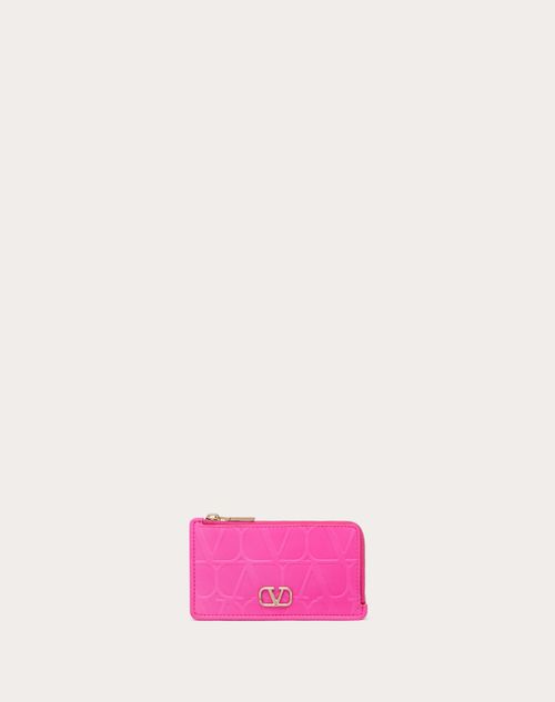 Valentino Garavani - Porte-cartes Zippé Valentino Garavani Leather Toile Iconographe En Cuir De Veau - Pink Pp - Femme - Portefeuilles Et Petite Maroquinerie