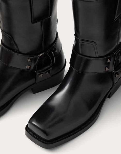 Valentino Garavani - Rockstud Calfskin Biker Ankle Boot 40mm - Black - Woman - Boots