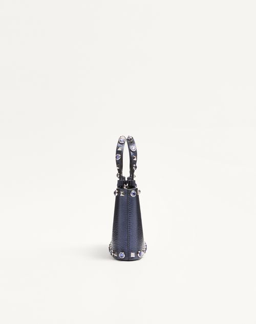 Valentino Garavani - Minibolso De Compras Valentino Garavani Rockstud De Cuero De Becerro Laminado - Azul Marino - Mujer - Bolsos Shopping