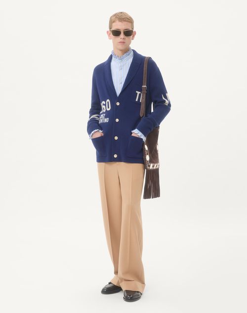 Valentino - Wool Cardigan With Shawl Collar And Chez Valentino Jacquard - Blue/butter - Man - New Arrivals