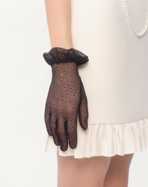 Valentino Garavani - Gants Vlogo Signature En Coton Et Tulle - Noir/or - Femme - Soft Accessories - Accessories