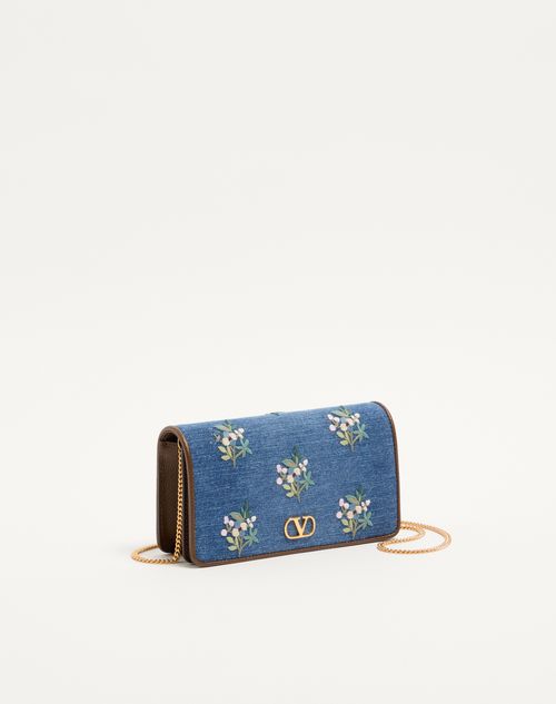 Valentino Garavani - Valentino Garavani Vlogo Signature Mini Shoulder Bag In Denim With Floral Embroidery - Denim - Woman - Clutches