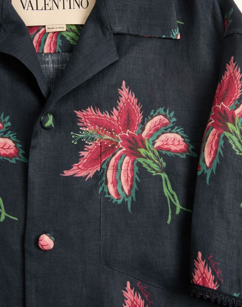 Valentino - Valentino Linen Bowling Shirt With Papier Floral Print - Black/red - Man - Shirts