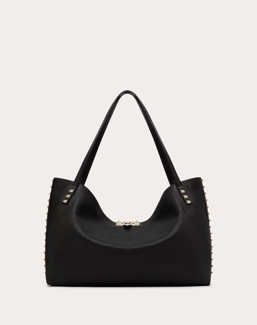 Rockstud Grainy Calfskin Bucket Bag for Woman in Black