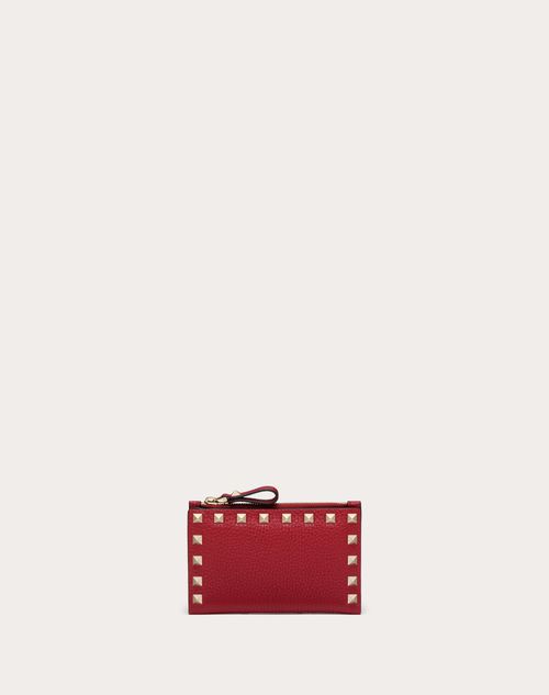 Valentino Garavani - Rockstud Grainy Calfskin Cardholder With Zipper - Rosso Valentino - Woman - Wallets And Small Leather Goods