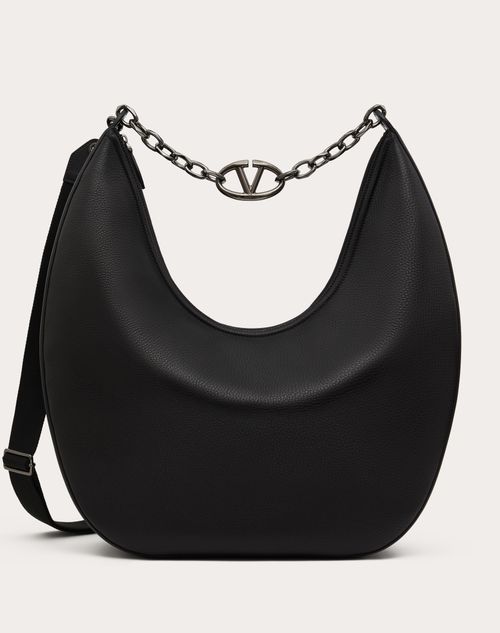 Valentino Garavani - Maxi Hobo Vlogo Moon Bag In Grainy Calfskin With Chain - Black - Man - Shoulder Bags