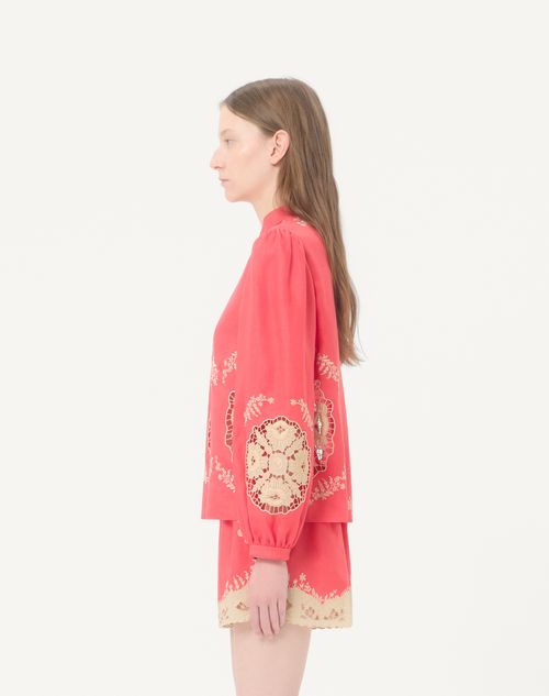 Valentino - Top In Couture Linen Ricamato - Corallo/beige - Donna - Camicie E Top