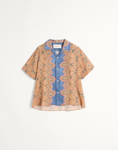 Valentino - Linen Bowling Shirt With Voyage Imaginaire Print - Azure/beige/pink - Man - Shirts