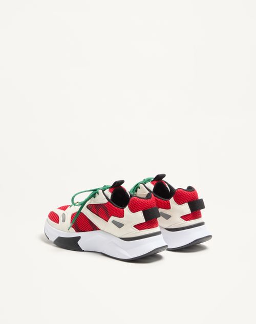 Valentino Garavani - Baskets Demivee En Tissu Ajouré Avec Empiècements En Daim - Blanc/rouge - Homme - Baskets