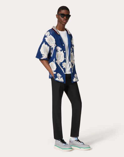 Valentino - Cotton Bowling Shirt With Metamorphos Tulips Pattern - Indigo/pearl Grey - Man - Knitwear