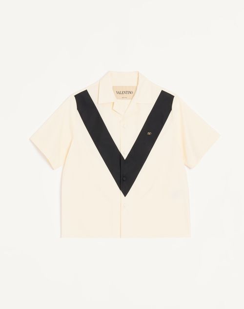 Valentino - Valentino Cotton Poplin Bowling Shirt With Inlaid V And Vlogo Patch - Ivory/black - Man - Shirts