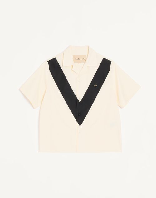 Valentino - Valentino Cotton Poplin Bowling Shirt With Inlaid V And Vlogo Patch - Ivory/black - Man - Shirts