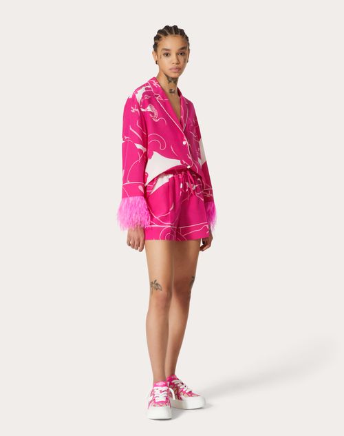 Valentino - Shorts De Crepé De China Panther - Pink Pp/blanco - Mujer - Pantalones Largos Y Cortos