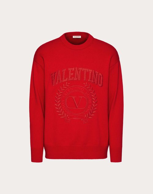 Valentino - Crewneck Sweater In Wool With Maison Valentino Embroidery - Red - Man - Knitwear