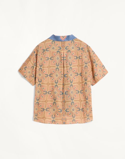 Valentino - Linen Bowling Shirt With Voyage Imaginaire Print - Azure/beige/pink - Man - Man Ready To Wear Sale