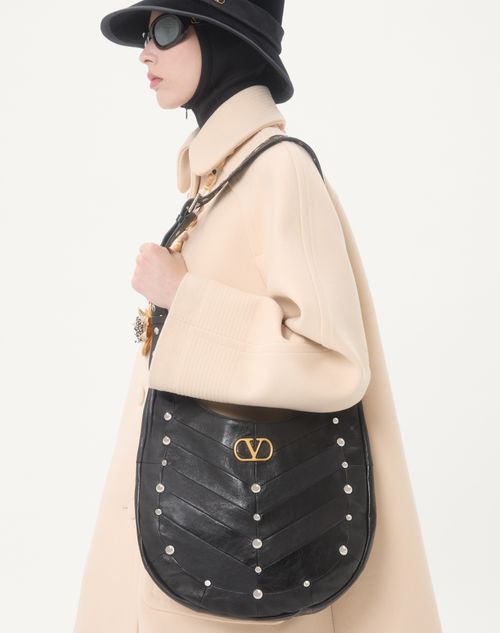 Valentino Garavani - Valentino Garavani Hoboho Hobo Bag In Chevron-patterned Nappa Leather With Studs - Black - Woman - Shoulder Bags