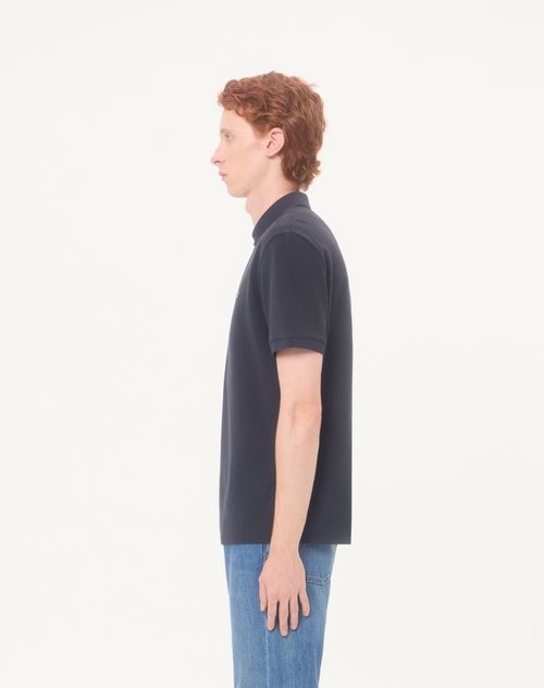Valentino - Valentino Cotton Piqué Polo Shirt With Vlogo Signature Patch - Navy - Man - T-shirts And Sweatshirts