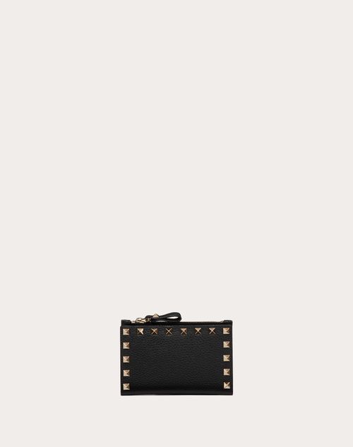 Valentino Garavani - Porte-cartes Rockstud Zippé En Cuir De Veau Grainé - Noir - Femme - Portefeuilles Et Petite Maroquinerie