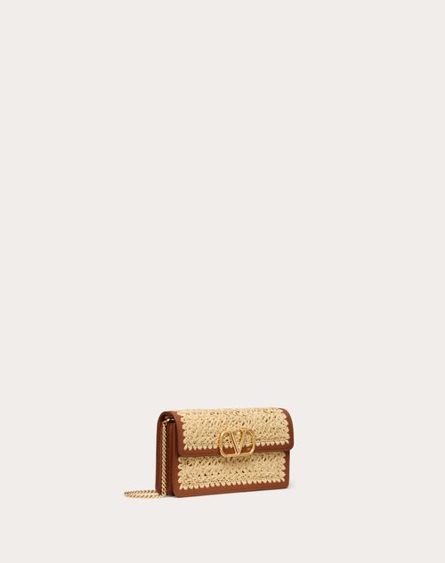 Valentino Garavani - Vlogo Signature Raffia Wallet With Chain - Natural/saddle Brown - Woman - Wallets And Small Leather Goods
