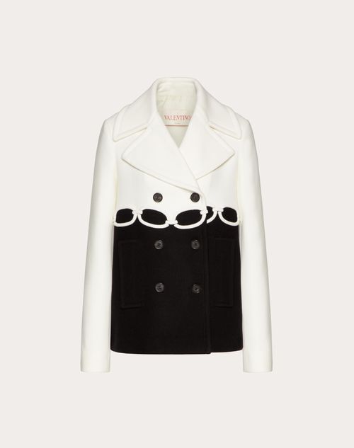 Valentino - Embroidered Drill Drap Peacoat - Ivory/black - Woman - Jackets And Blazers