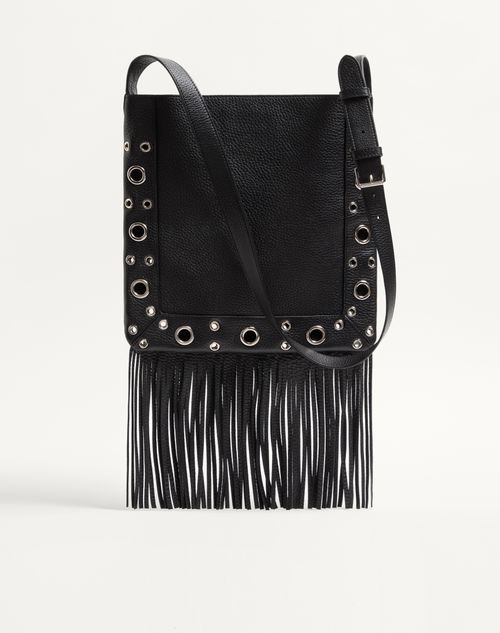 Valentino Garavani - Valentino Garavani Nellcôte Shoulder Bag In Grainy Calfskin With Fringes - Black - Man - Shoulder Bags