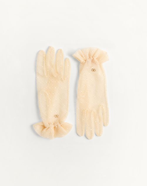 Valentino Garavani - Vlogo Signature Gloves In Cotton And Tulle - Ivory/gold - Woman - Hats And Gloves