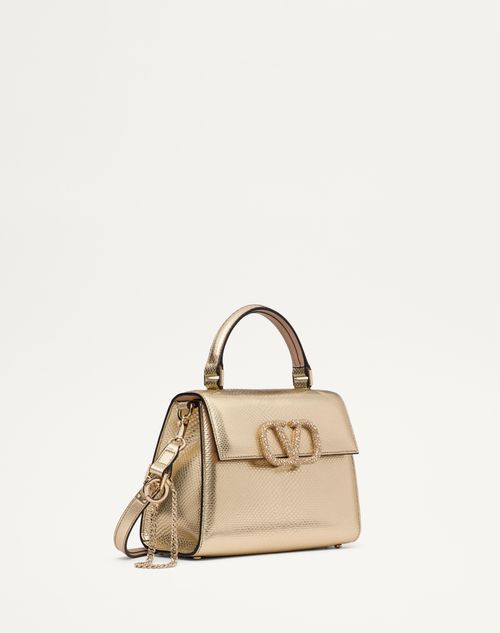 Small Valentino Garavani Vsling Handbag In Metallic Karung for Woman in Platinum beige crystal Gold Valentino SA