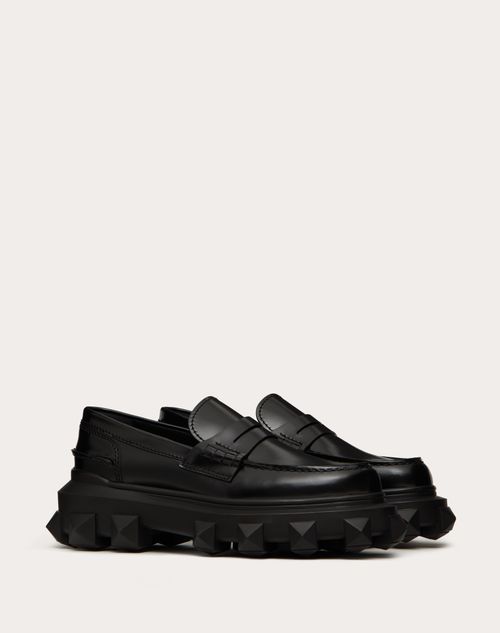 Valentino Garavani - Brushed Calfskin Trackstud Loafer - Black - Man - Man Shoes Sale
