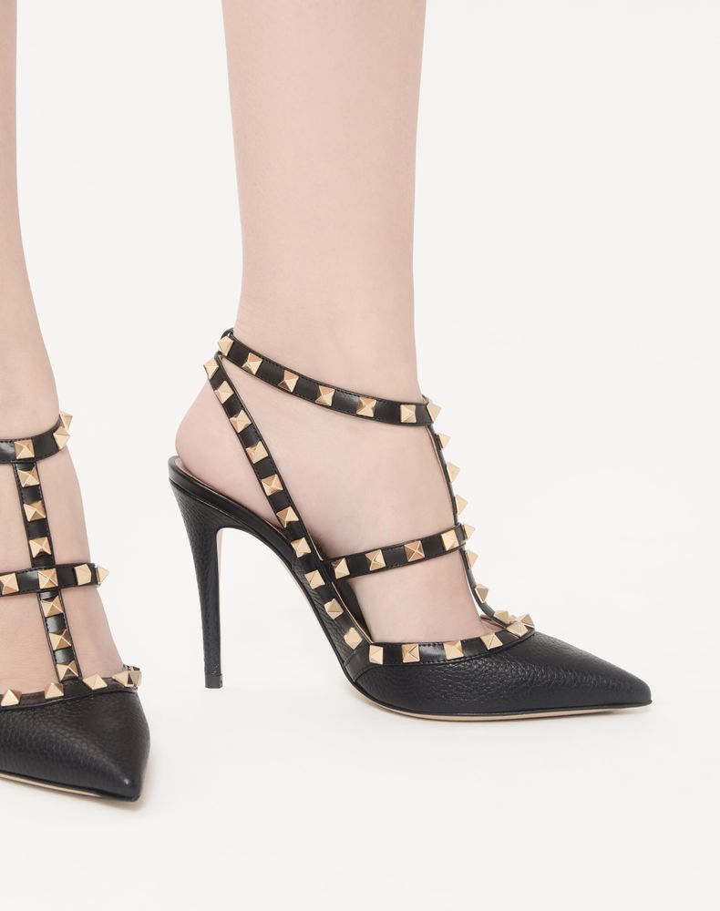 Valentino Garavani Rockstud Grainy Leather Ankle Strap Pump 100 Mm Woman Black 40.5