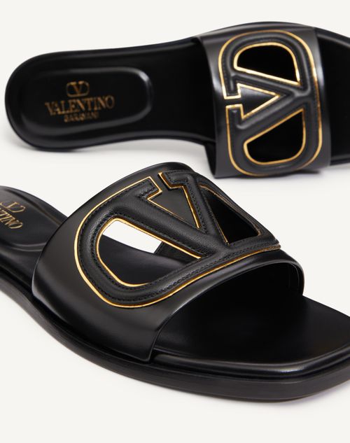 Valentino Garavani - Vlogo Cut-out Calfskin Slide Sandal - Black/antique Brass - Woman - Slides And Thongs
