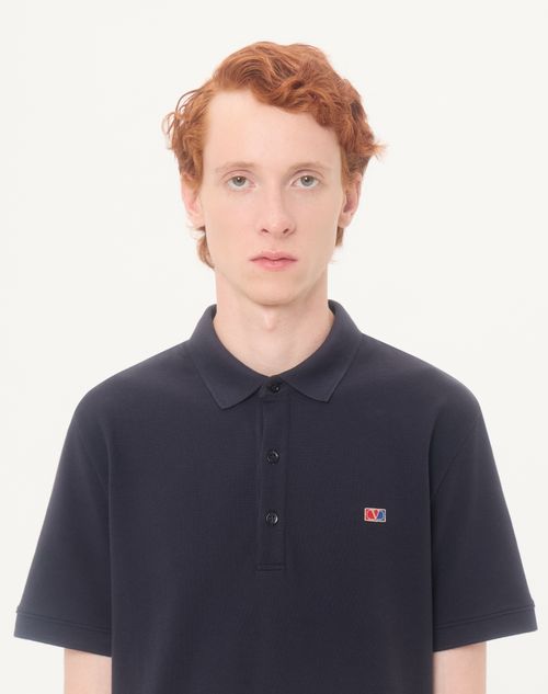Valentino - Valentino Cotton Piqué Polo Shirt With Vlogo Signature Patch - Navy - Man - T-shirts And Sweatshirts