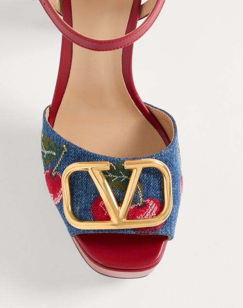 Valentino Garavani - Vlogo Signature Platform Denim Sandal With Cherryfic Embroidery 115mm - Denim/multicolour - Woman - Sandals