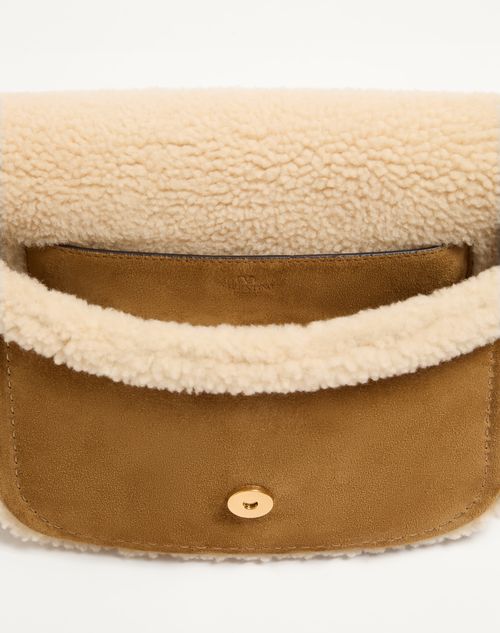 Valentino Garavani - Valentino Garavani Alltime Suede Shoulder Bag With Sheepskin Lining And Embroidered Ribbon Shoulder Strap - Havana Beige - Woman - Shoulder Bags