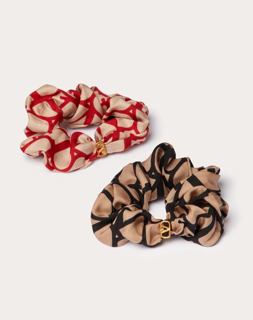 Valentino Garavani - Toile Iconographe Scrunchies Set In Silk With Vlogo Appliqué - Beige/black,beige/red - Woman - All About Logo