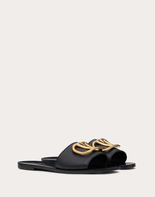 Valentino Garavani - Vlogo Signature Slide Sandal In Grainy Cowhide With Accessory - Black - Woman - Shoes