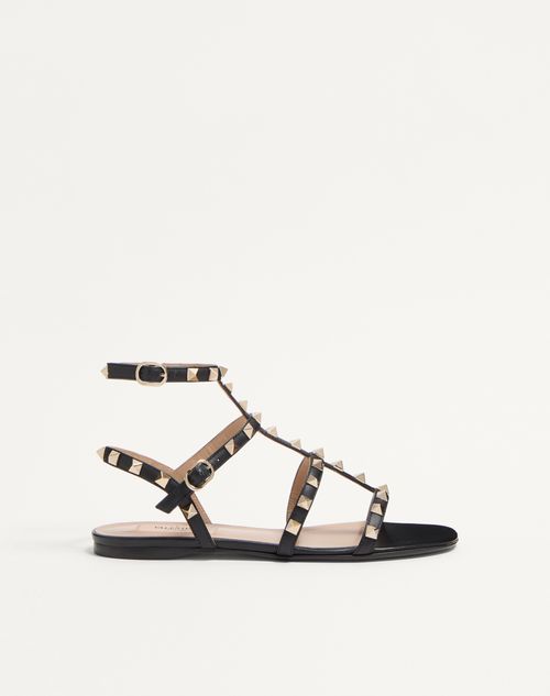Valentino Garavani - Rockstud Flat Calfskin Sandal With Straps - Black - Woman - Sandals