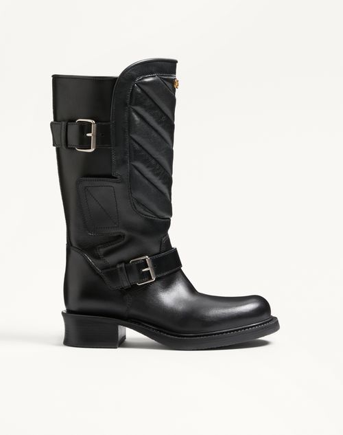 Valentino Garavani - Rayons Biker Boot In Calfskin And Nappa Leather With Chevron Pattern 40mm - Black - Woman - Boots And Ankle Boots