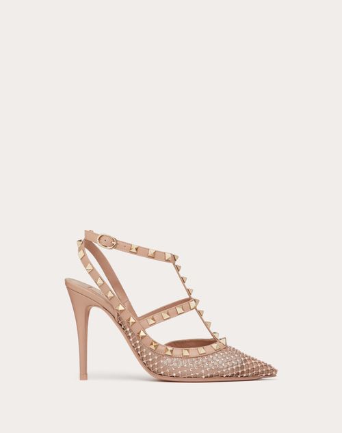 Valentino Garavani - Escarpins À Brides Rockstud En Tissu Ajouré Avec Cristaux, Talon : 100 mm - Rose Cannelle - Femme - Tenues De Fête